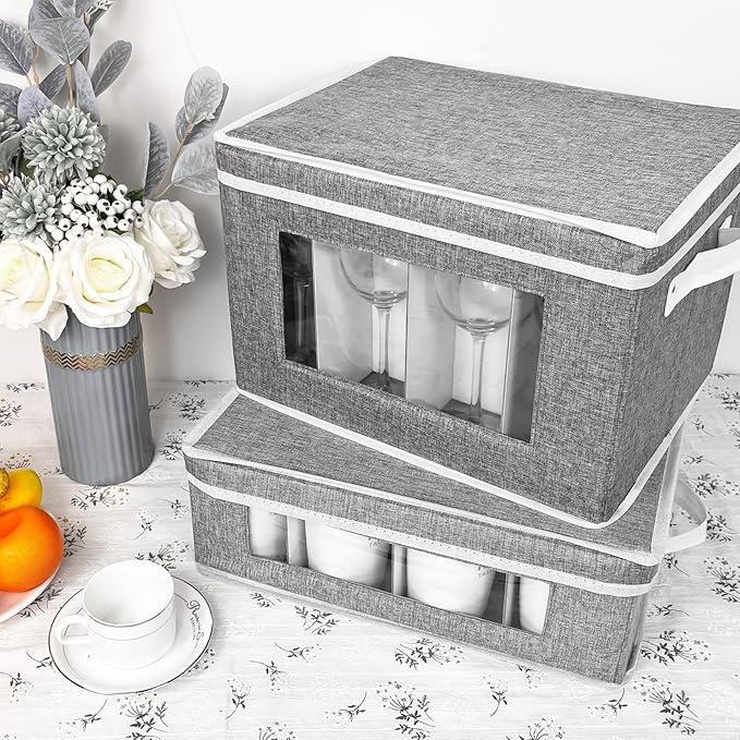 homyfort Mug Storage Box, China Storage Containers Organizer Hard Shell with Dividers for 12 Coffee Mugs, Tea Cup, Moving & Packing (Grey)