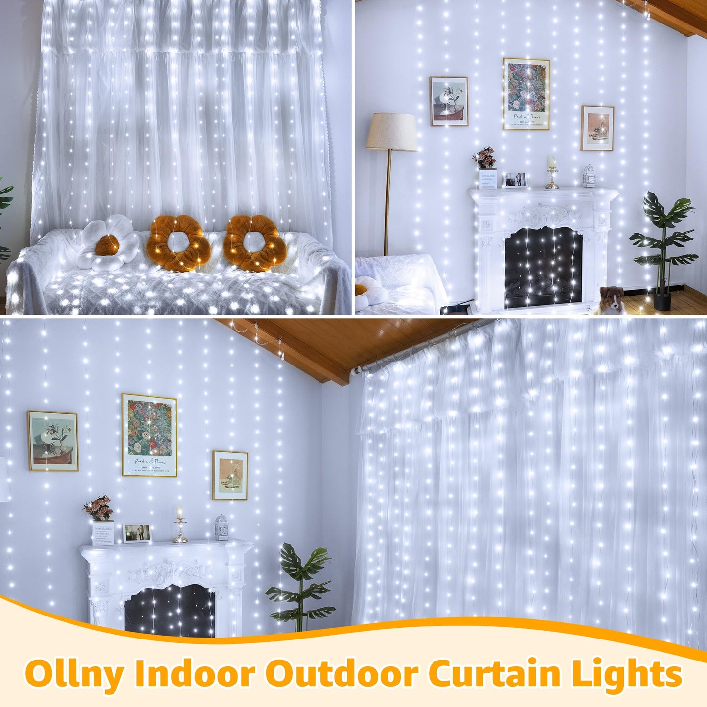Ollny Curtain Lights 300Led 9.8Ftx9.8Ft Connectable Ip67 Waterproof Outdoor Curtain String Lights With Remote Plug-In Untangle Fairy Lights With 8 Modes 3 Timers For Wall Backdrop Decor(Cool White)