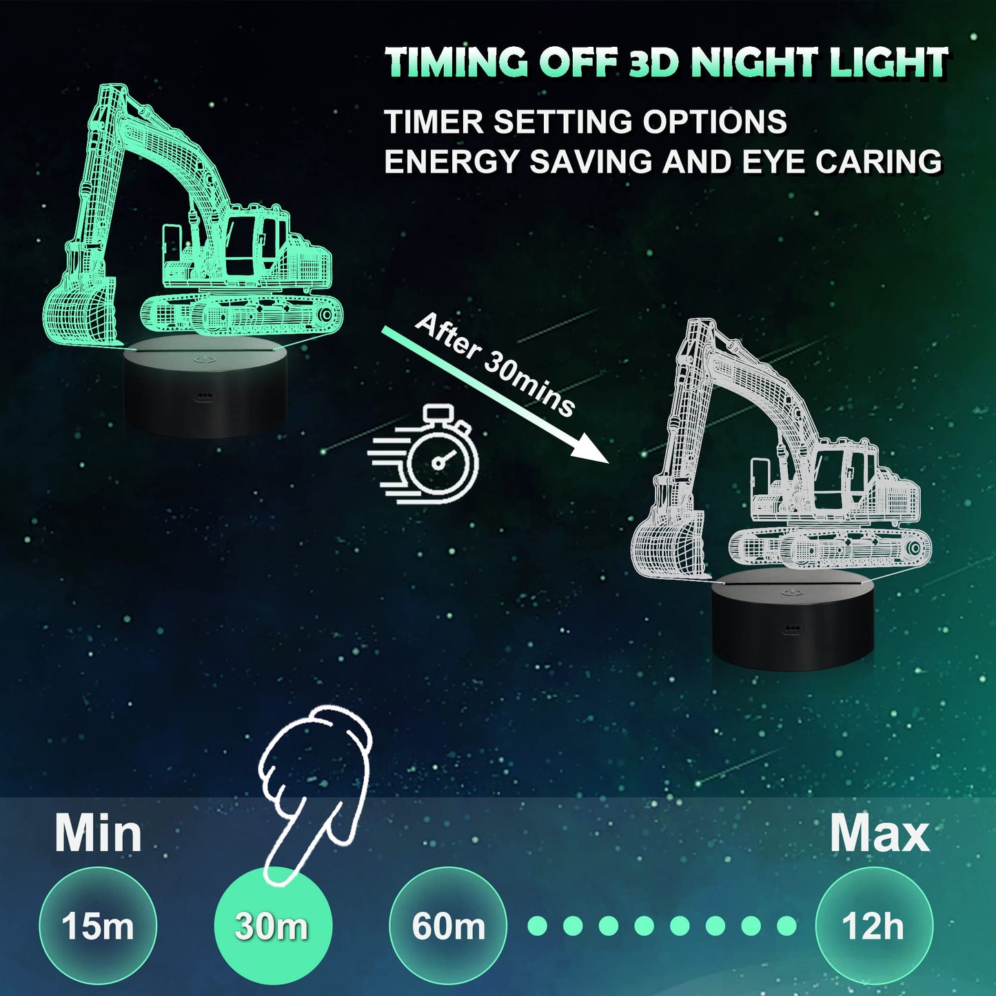 nite nite Excavator 3D LED Lamp, Remote Control, Multicolor, Model FS-xxxyyy