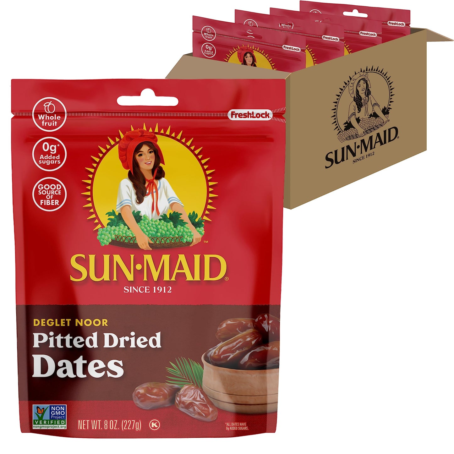 Sun-Maid Deglet Noor Pitted Dried Dates - (4 Pack) 8 oz Resealable Bag - Pitted Deglet Noor Dates Dried Fruit Snack for Lunches,