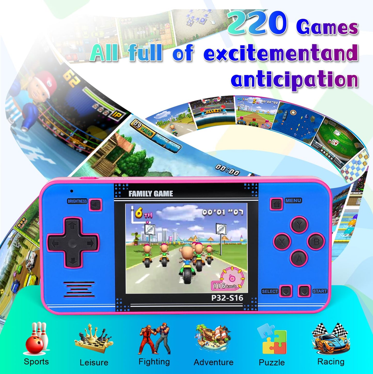 Handheld Game for Kids ,Built-in 220 32-bit Video Games, 3.0” IPS Screen, Rechargeable Portable Game , Travel Mini Arcade Electronic Toys Gift for Boys and Girls (Pink+Blue)