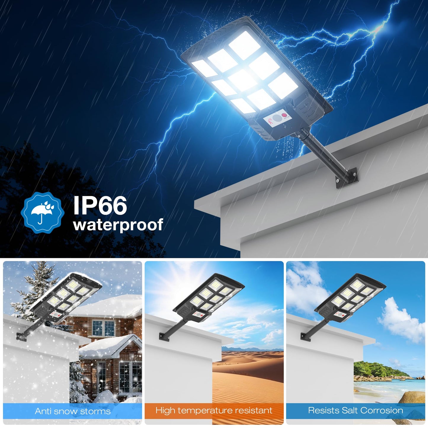 Vipzon Solar Street Lights - 6500K LED, Waterproof, 260° Flood Light, Motion Sensor, Remote Control, 1500W (6-Pack), Black