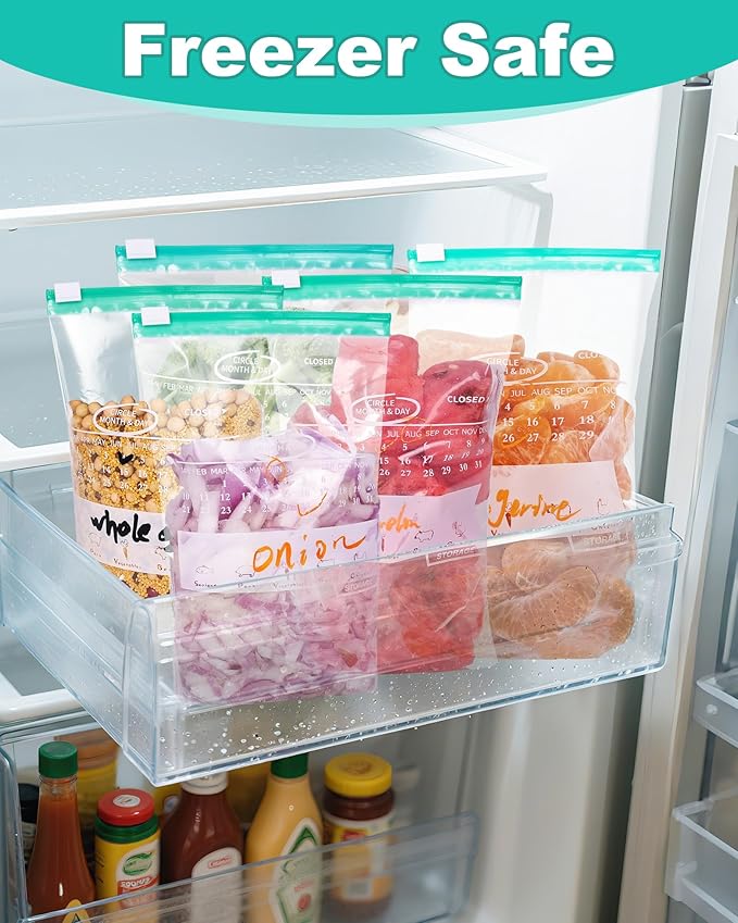 120 Pack Calendar Slider Quart Freezer Bags Reusable Food Storage Bags Slide Zipper Expandable Bottom Clear Plastic Freezer Bags With Write-On-Label For Food Storage (Green)