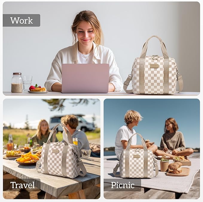 Lunch Bag Women Insulated Lunch Box,Cute Lunch bags,Reusable Large Capacity Leakproof Cooler Bag with Adjustable Shoulder Strap for Men Adult Work Office Picnic Travel Checkered Brown