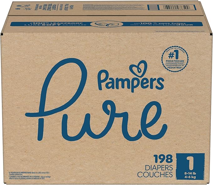 Pampers Pure Protection Baby Diapers, Size 1 (8-14 lbs), 198 Count, Up to 100% Leakproof, Premium Plant-Based Skin Protection, Hypoallergenic Soft Diapers