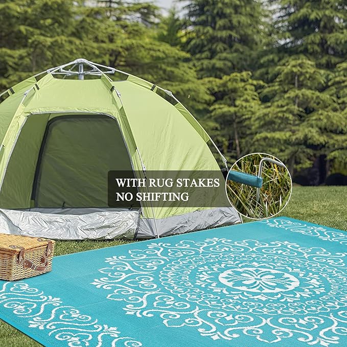 Pauwer Waterproof Outdoor Rug 9x12, Reversible Plastic Straw Patio Camping Rug, Indoor Outdoor RV Mat Carpet for Deck, Camper, Porch, Balcony, Backyard, Picnic, Floral Teal