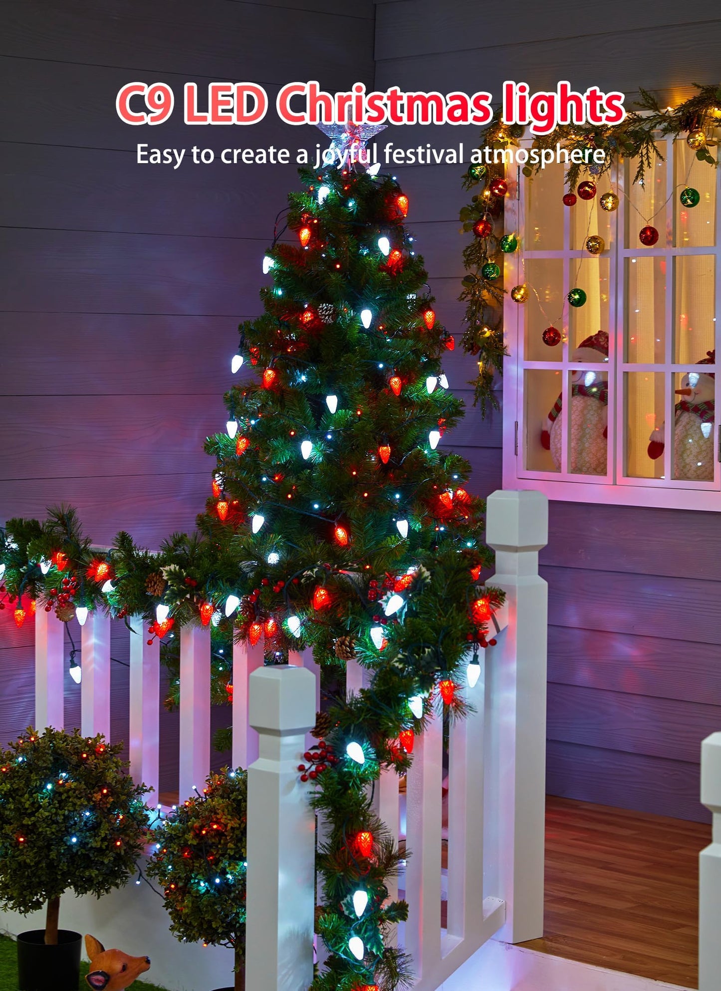 C9 Christmas Lights Outdoor Waterproof 114 Feet 150 Led C9 String Light With Timer & 8 Light Mode Connectable Christmas Tree Lights For House Outside Roofline Indoor Decoration Red & Pure White