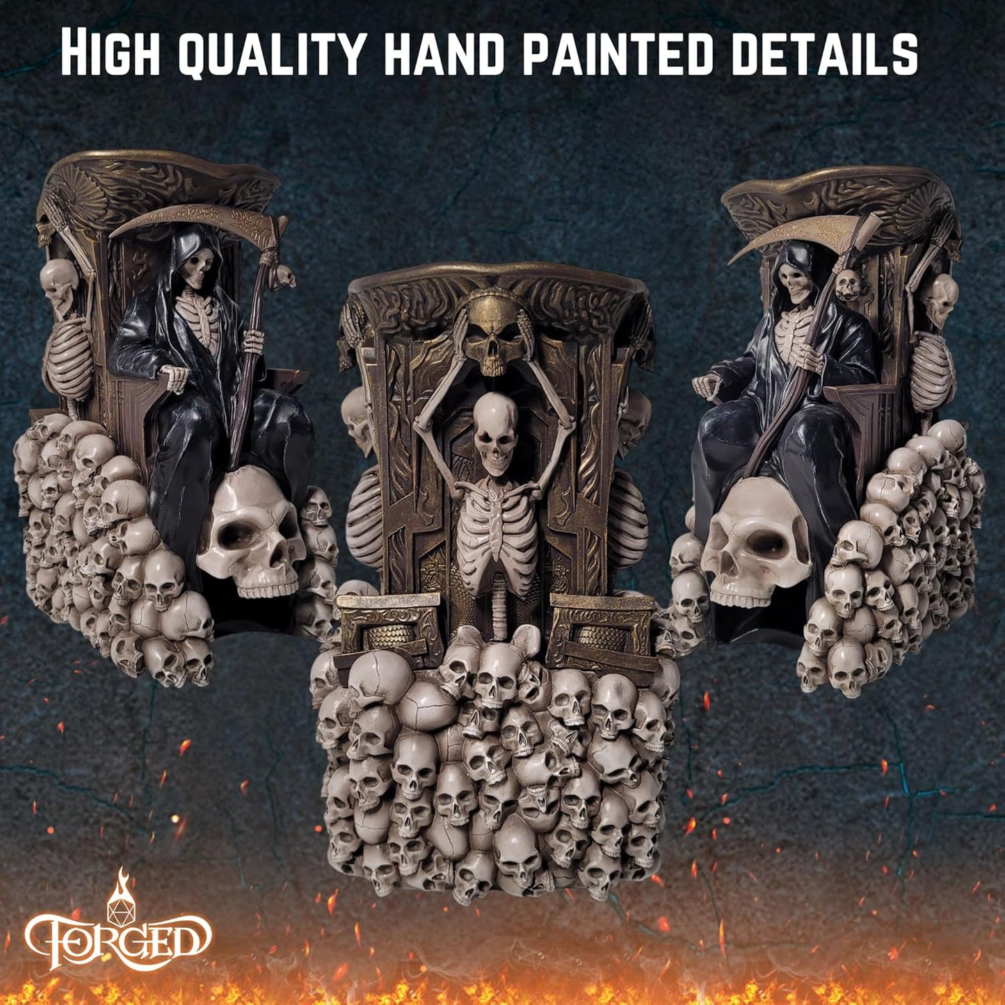 Forged Dice Co. Grim Bones Dice Tower with LED Skull Eyes - Hand Painted Grim Reaper Throne - Dice Rolling Tower Compatible with DND Accessories