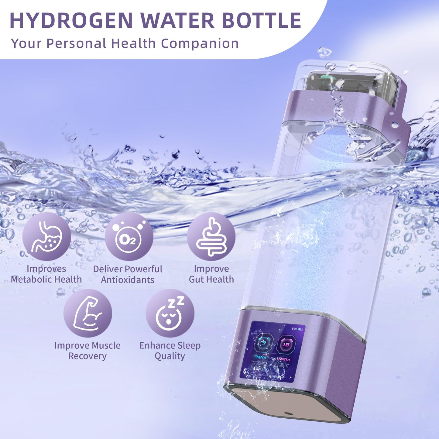 Hydrogen Water Bottle Generator, Up to 9000ppb, Portable Hydrogen Bottle with Smart Touchscreen, SPE/PEM Technology for Home Office Outdoors Drinking, 350ml