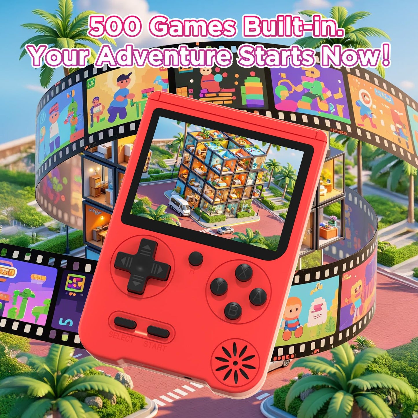 Meliif Handheld Games Console, Built-in 500 Video Games, Portable Video Gaming Player with 3.0 Inch lPS Screen,Rechargeable Portable Electronic Gaming System, Pocket Mini Arcade, Red