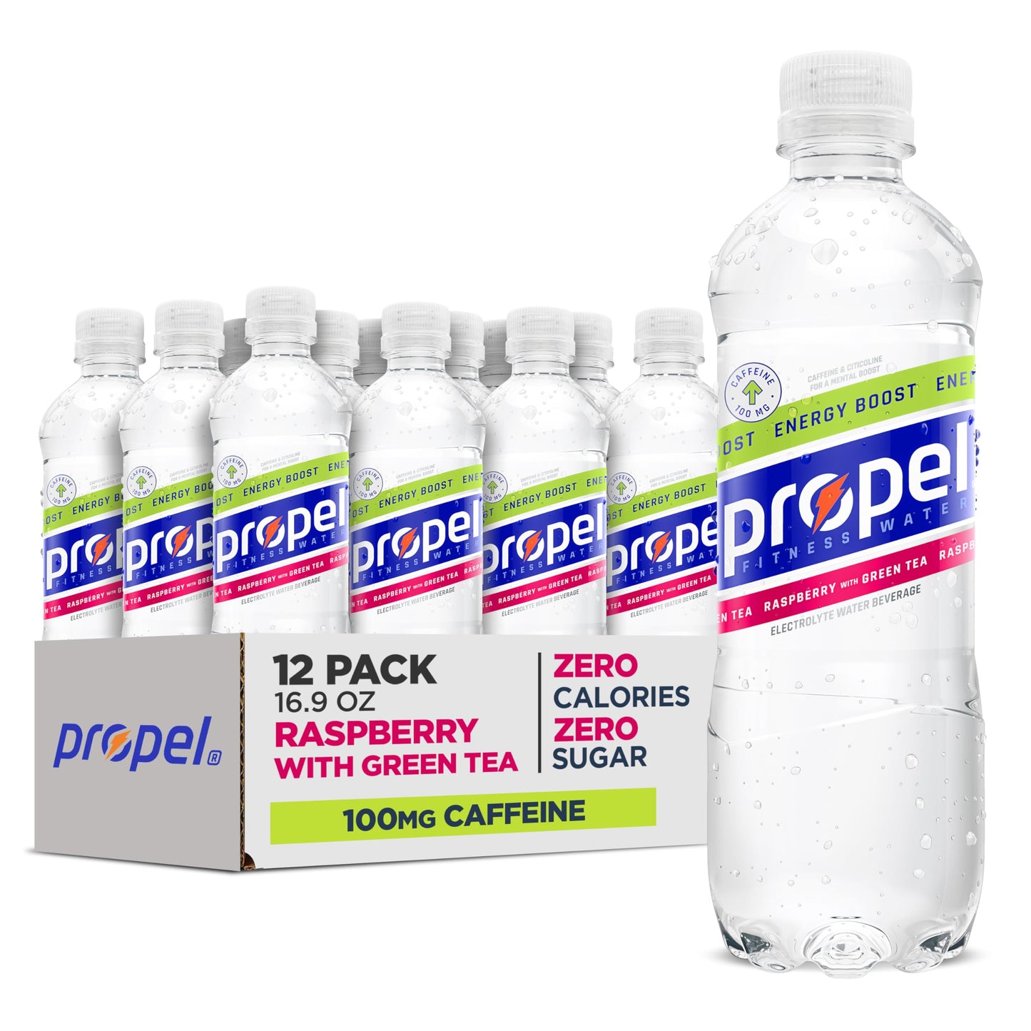 Propel Energy Boost Raspberry Green Tea Flavored Water, 16.9 fl oz Bottles, 12 Pack - Zero Calorie with Electrolytes and Caffeine