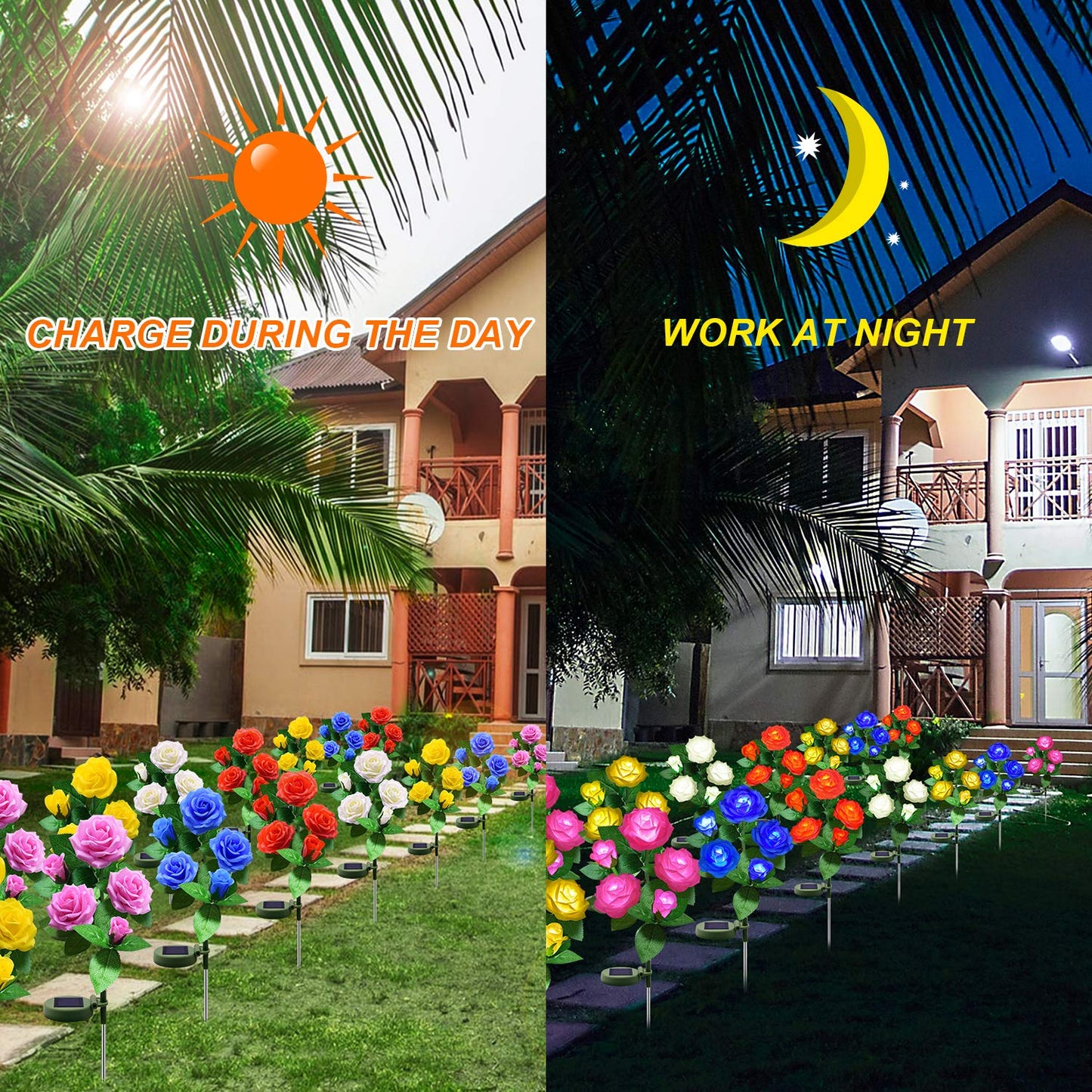 YWYWLED Solar Flower Lights Outdoor LED Waterproof, 5 Roses, 1 Pack, Yellow, Model 2023-5-12