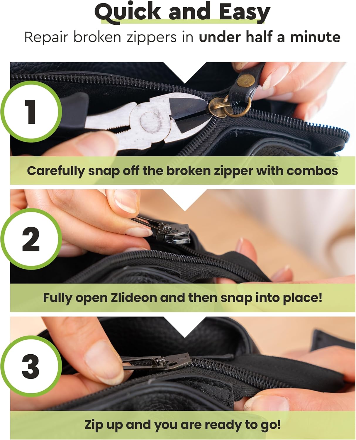 ZlideOn Zipper Pull Replacement - Black, Normal (L) - Instant Zipper Replacement Slider for Plastic Zippers