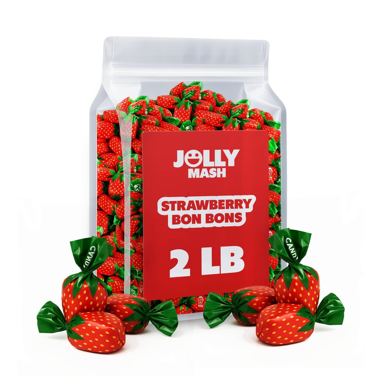 Strawberry Bon Bons Filled Hard Candy | 2 Lbs | Individually Wrapped Strawberry Candy Bulk Bag