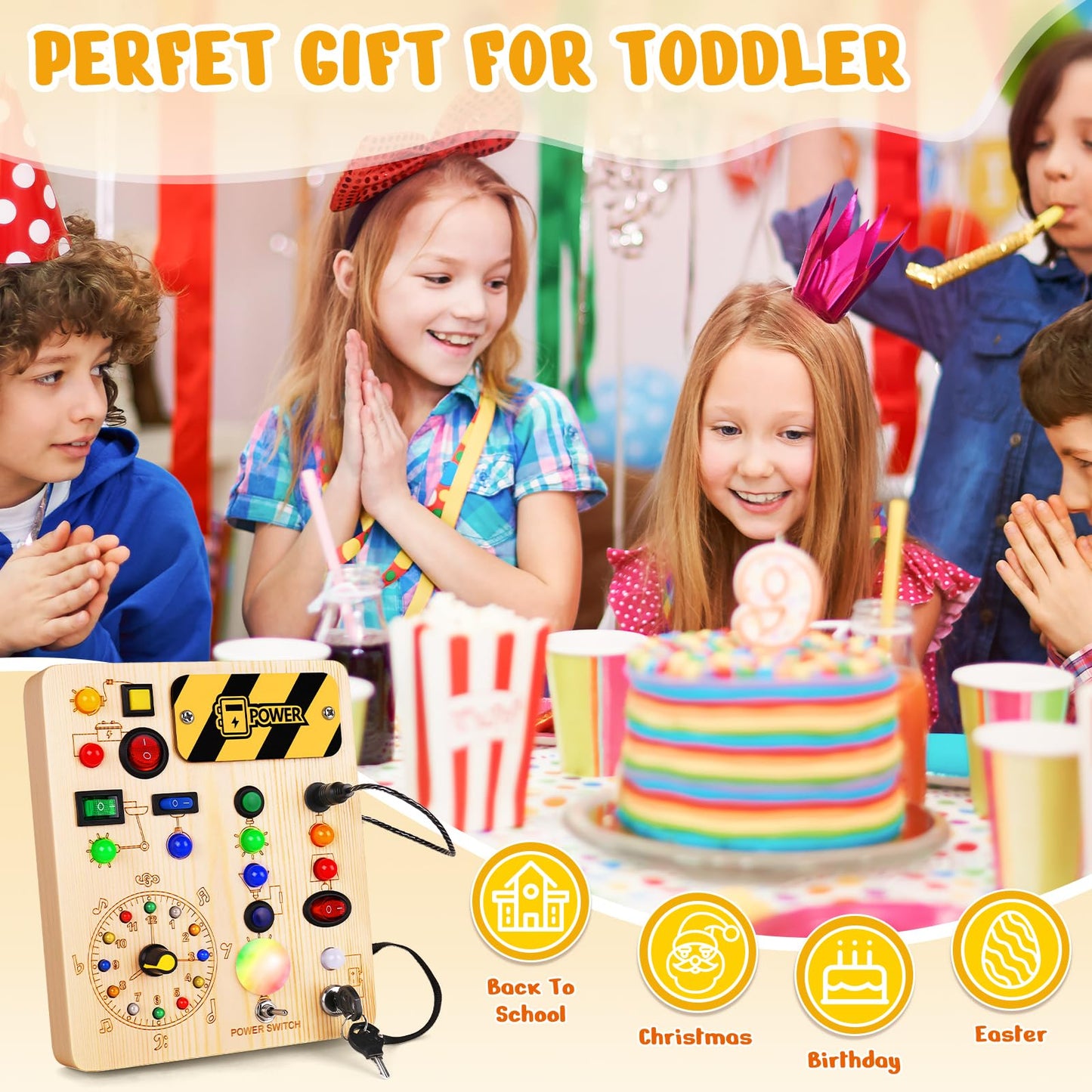 Busy Board with Led Light, Montessori Toys for 1-3 Years Old Boys Girls Wooden Toddler Toys Birthday Gift Educational Toys for 1+ Year Old, Toddler Travel Toy Sensory Toys for Kids with Autism