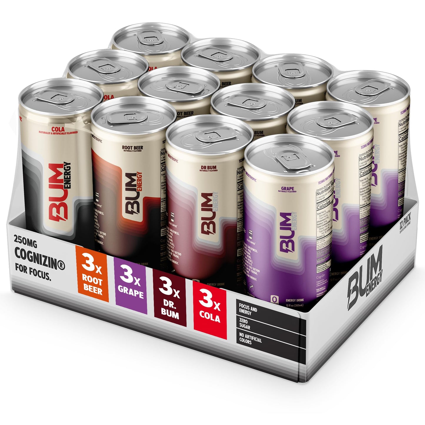BUM Zero Sugar Energy Drink Variety Pack - Root malt-inspired malt-inspired Dr. Bum Cola & G - Lightly Carbonated Sports Beverage with Natural Caffeine & Citicoline for Focus & Energy - 12 fl oz (12-Pack)