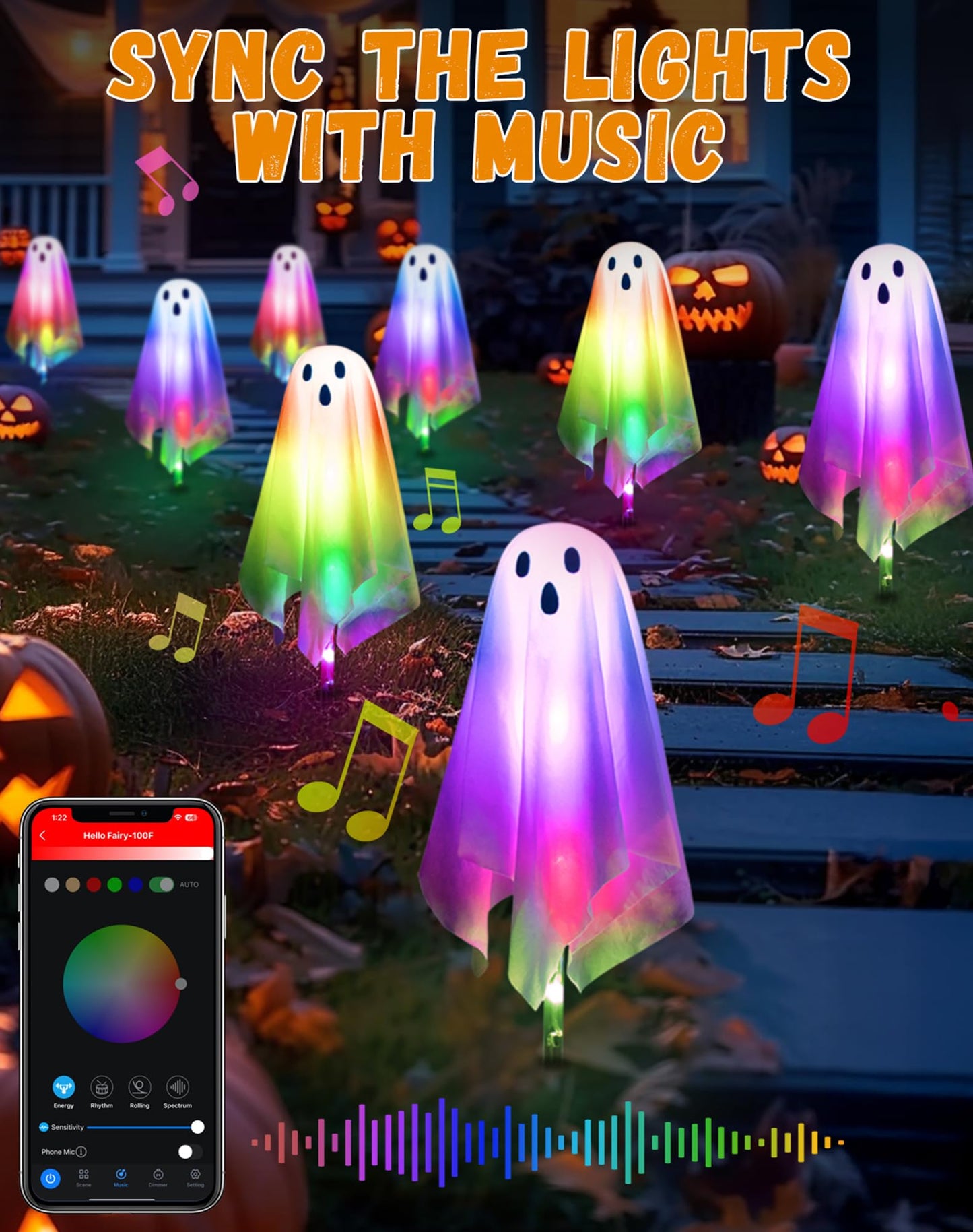 FREECUBE Halloween Ghost Pathway Lights, 4 Pack, Multi-colored, APP Control & Remote, Dimming, Music Sync, Plastic, Model BESL78