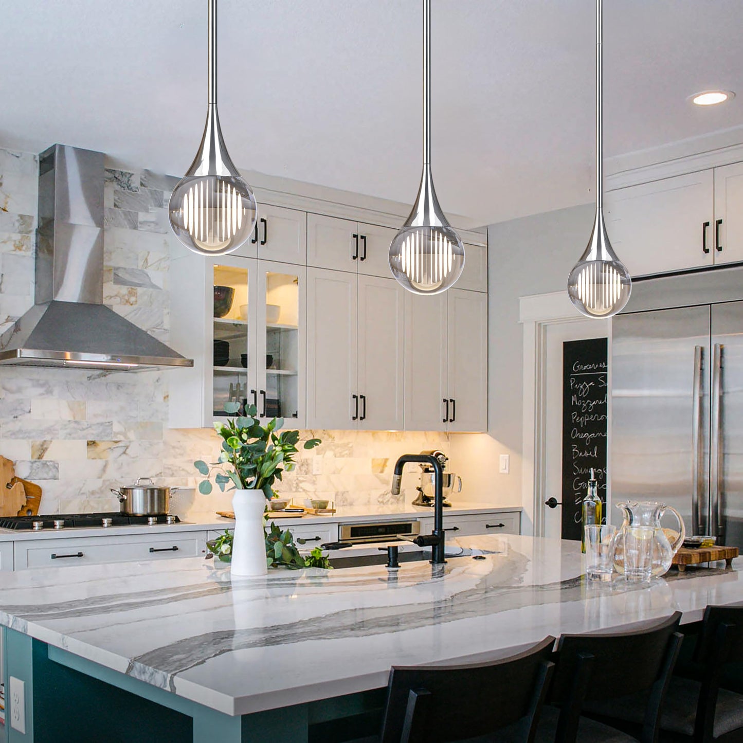 2-Pendant Lights Kitchen Island Chrome Silver Globe Crystal Ceiling Hanging Light Fxitures Led Light Fixtures Metal Rod Ceiling Glass Pendant Lighting For Kitchen Island Dining Room Bar