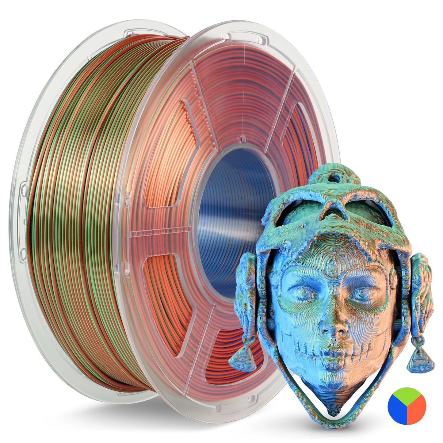 JAYO Silk Tri-Color PLA Filament 1.75mm Orange-Blue-Green 1.1kg, Triple Gradient PLA, High Gloss Shine, Smooth Printing, Conceal