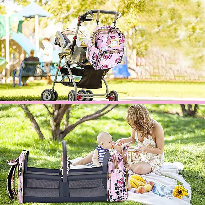 Diaper Bag Backpack with Changing Station, Foldable for Bady Toddler, 3 in 1 Large Capacity Newborn Essentials Organizer with Stroller Hook for Girls and Boys(Pink)