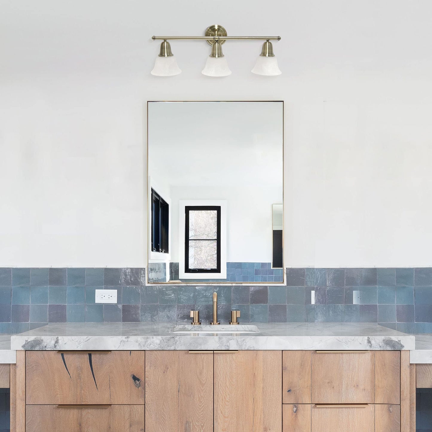 Simple Designs VT1027-ABS 26.5in 3 Light Metal Bar Vanity Fixture, Frosted Marble Glass Shades, Antique Brass