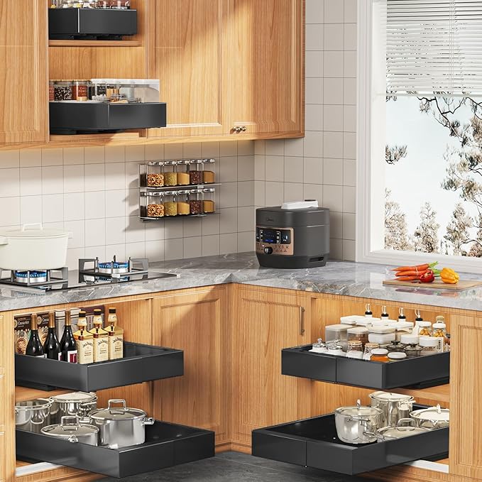 2 Pack Expandable (9"-14") Pull Out Cabinet Organizer 21" Deep With Raising Pad for Framed Cabinets,Upgrade 3 Slide Rails Slide Out Drawers,No Drill Roll Out Shelves Adhesive,Black