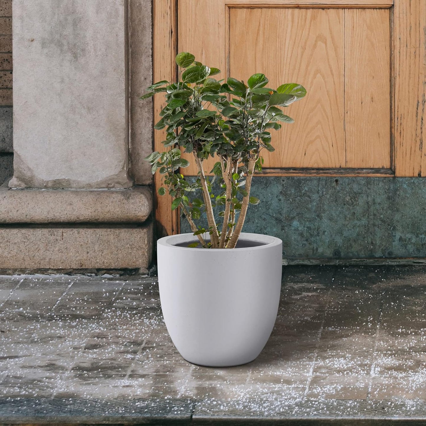 Kante 10 Inch Dia Round Concrete Planter, Indoor Outdoor Large Plant Pot with Drainage Hole and Rubber Plug for Home Patio Garden, Pure White