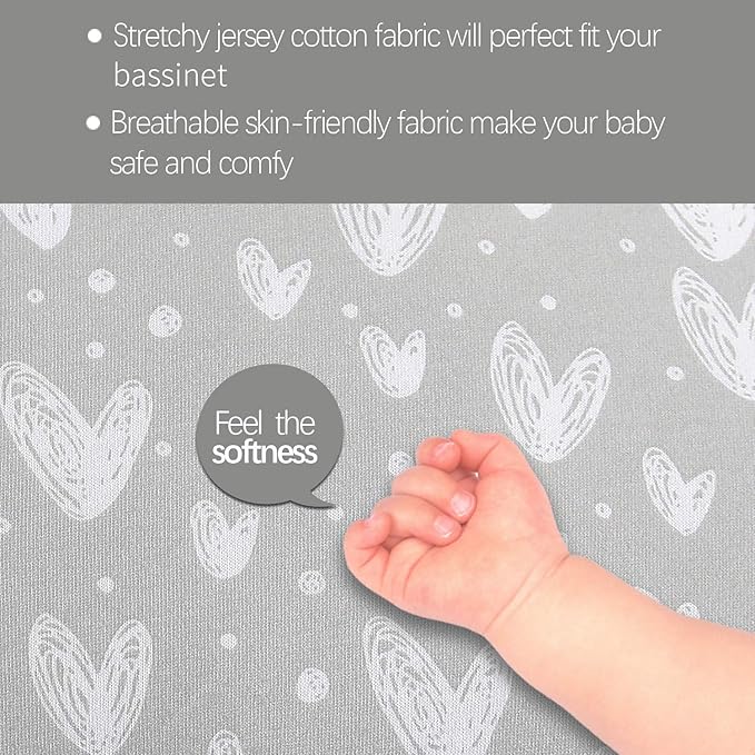 Bassinet Sheets Compatible with Semphis 3 in 1 Bedside Bassinet and Arm's Reach Co-Sleeper Bassinet, 2 Pack, 100% Jersey Knit Cotton Fitted Sheets, Grey and White Print for Baby