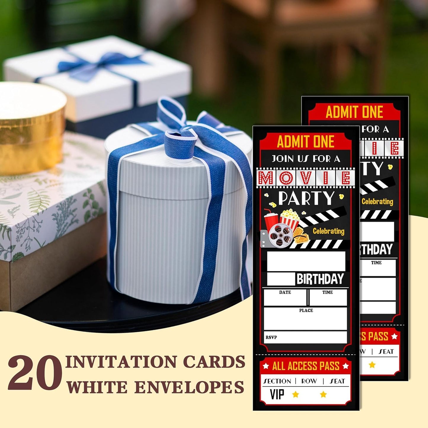 Birthday Cards-20 Movie Party Ticket Invite Cards-Red and Black Birthday Invitation with Envelopes for Movie Lovers-Celebration Party Favor & Supplies (3×8 inch)-A18