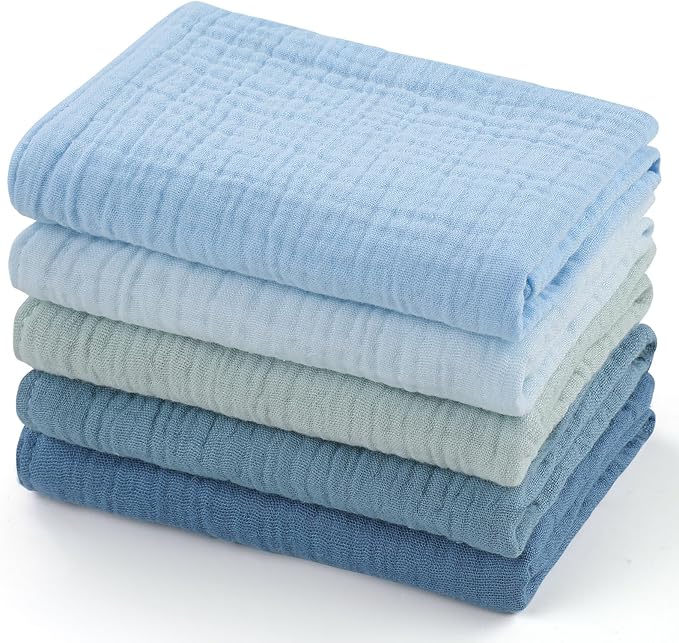 MUKIN Baby Washcloths,Muslin Burp Cloths Towels for Newborns,Absorbent Cotton Bath Face Towel ,5 Pack, 12x12 Inches (Glacier Mist)