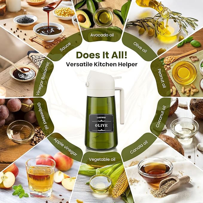 2 in 1 Oil Sprayer for Cooking 16oz, Green Light-Blocking Glass Olive Oil Dispenser Bottle, Food-Grade Oil Mister with 8 Stickers for Kitchen Salad Frying