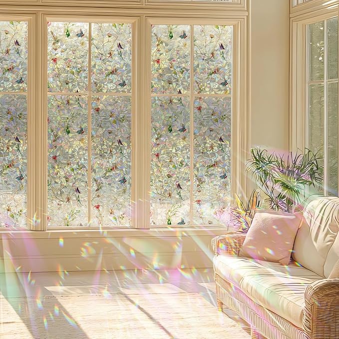 Rainbow Window Privacy Film Stained Glass Handmade Design for Bathroom, Watercolor Flower and Butterfly, 118.11" x 29.52"