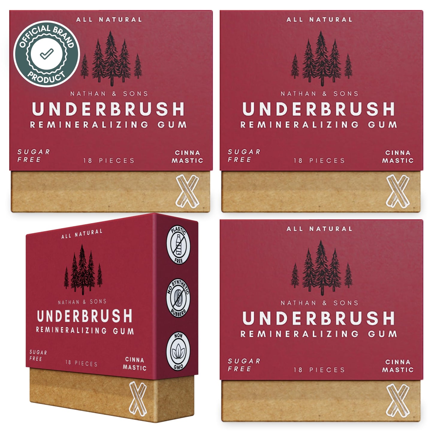 Nathan and Sons - Underbrush Gum with Xylitol and Nano Hydroxyapatite for Fresh Breath - Cinnamon - Pack of 4