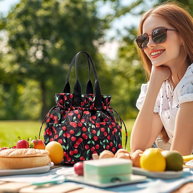Yarnic Lunch Bag Women Insulated Lunch Bags,Cute Reusable Lunch Box Stain-Resistant Lunchbox with Water Bottle Holder for Adult (Black Cherry)