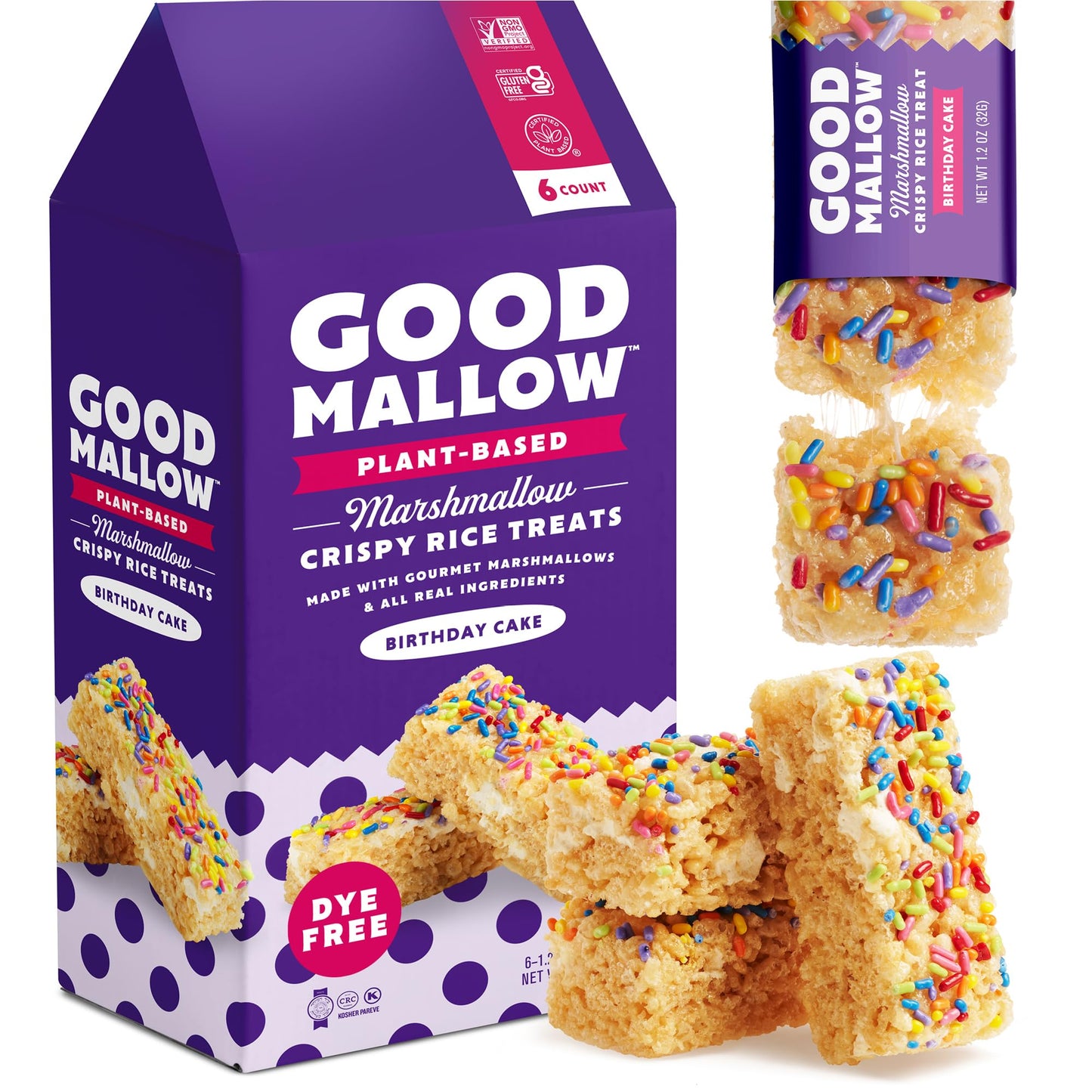 GoodMallow Vegan Rice Crispy Individually Wrapped Box of 6 Kosher Vegan Snacks Gluten Free Dairy Free Snacks for Kids & mature-themeds - Healthy Sweets Made with Gourmet Marshmallows (Birthday Cake)