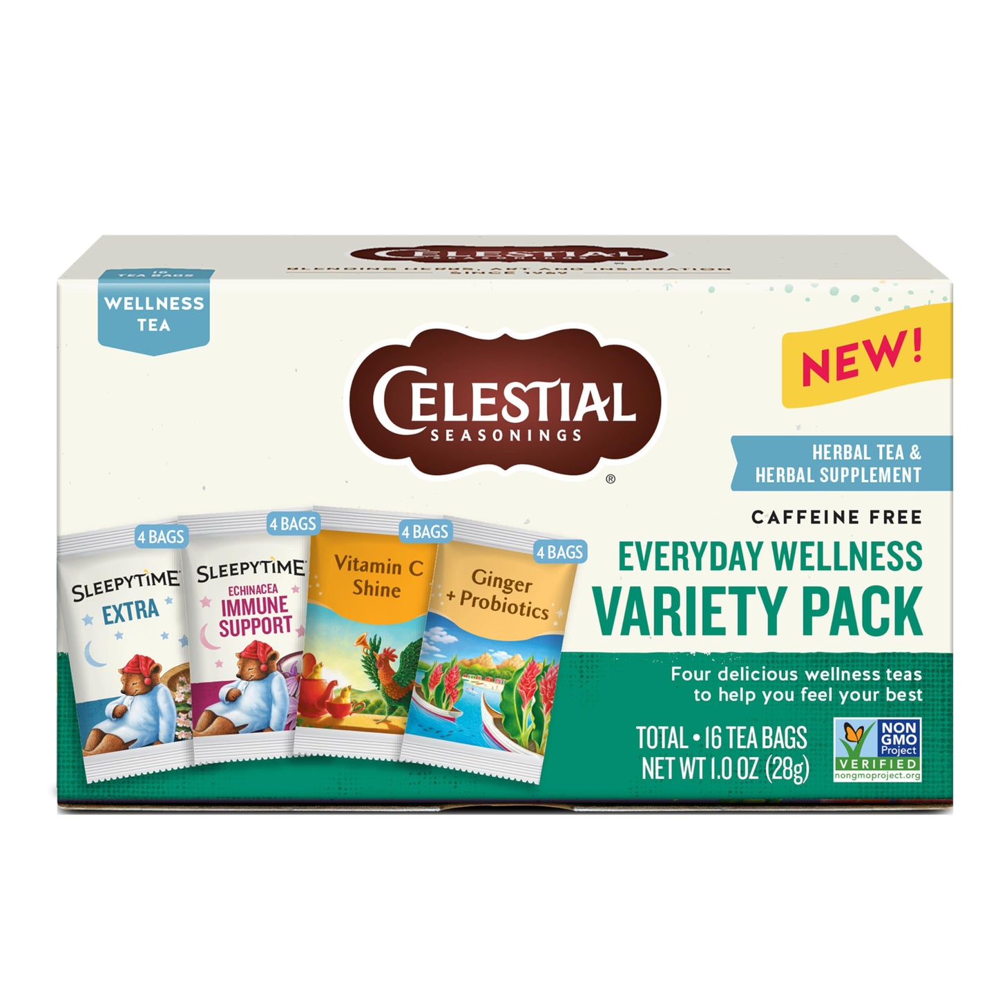 Celestial Seasonings Everyday Wellness Tea Variety Pack Caffeine Free 16 Tea Bags Box