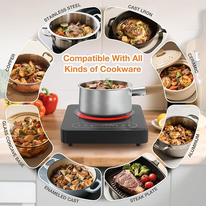 Electric Cooktop, Portable Electric Stove with LED Touch Control 8 Power Level, 1800W Induction Burner Hot Plate with Child Safety Lock, Timer and Overheat protection for Home Camping