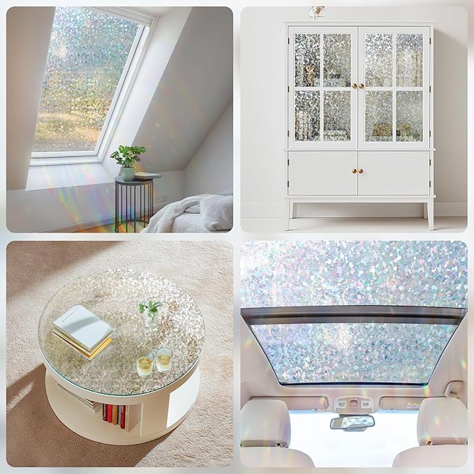 Haton Window Privacy Film Rainbow Film Stained Glass Window Clings, 3D Decorative UV Sun Blocking Sticker, Removable Static Cling Heat Control Tint for Home Door, 17.5" x 157.4" Non-Adhesive