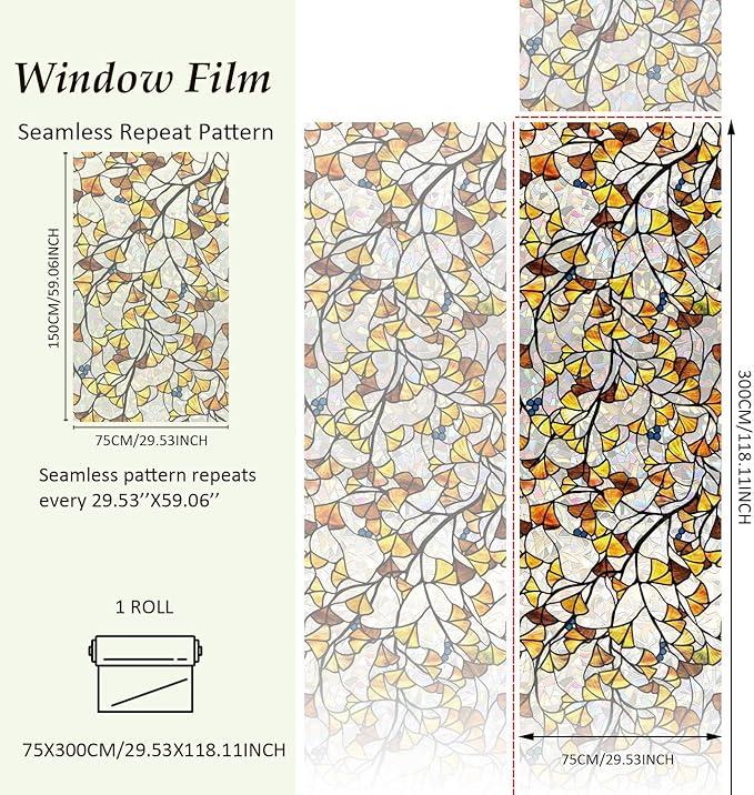 Fall Stained Glass Rainbow Window Privacy Film Autumn Leaf Window Cling, Stained Ginkgo Leaves, 118.11" x 29.52"