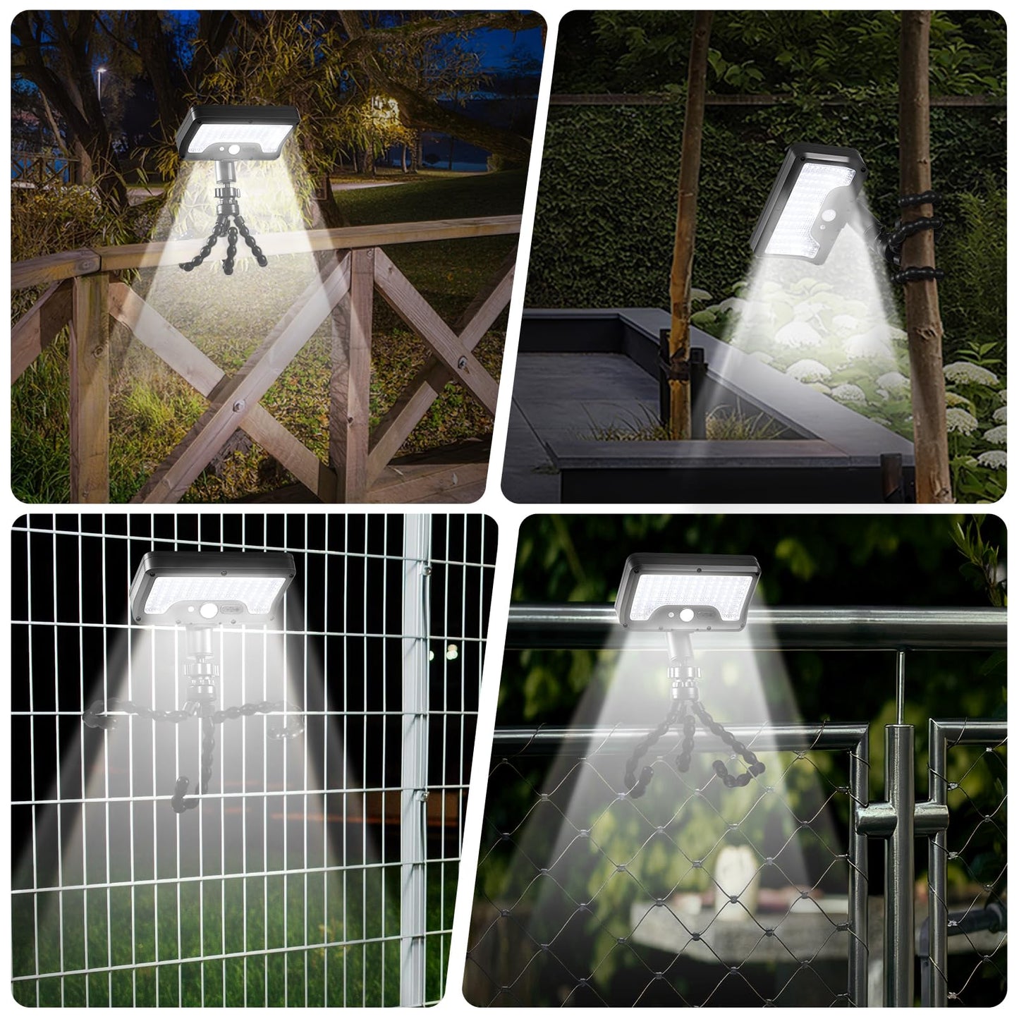 Solar Motion Lights Outdoor with Flexible Octopus Tripod, USB & Solar Powered Motion Sensor Lights with 92 LEDs(600LM,6000K), IP65 Waterproof Motion Activated Light for Fence, Camping, Gutter(2 Pack)