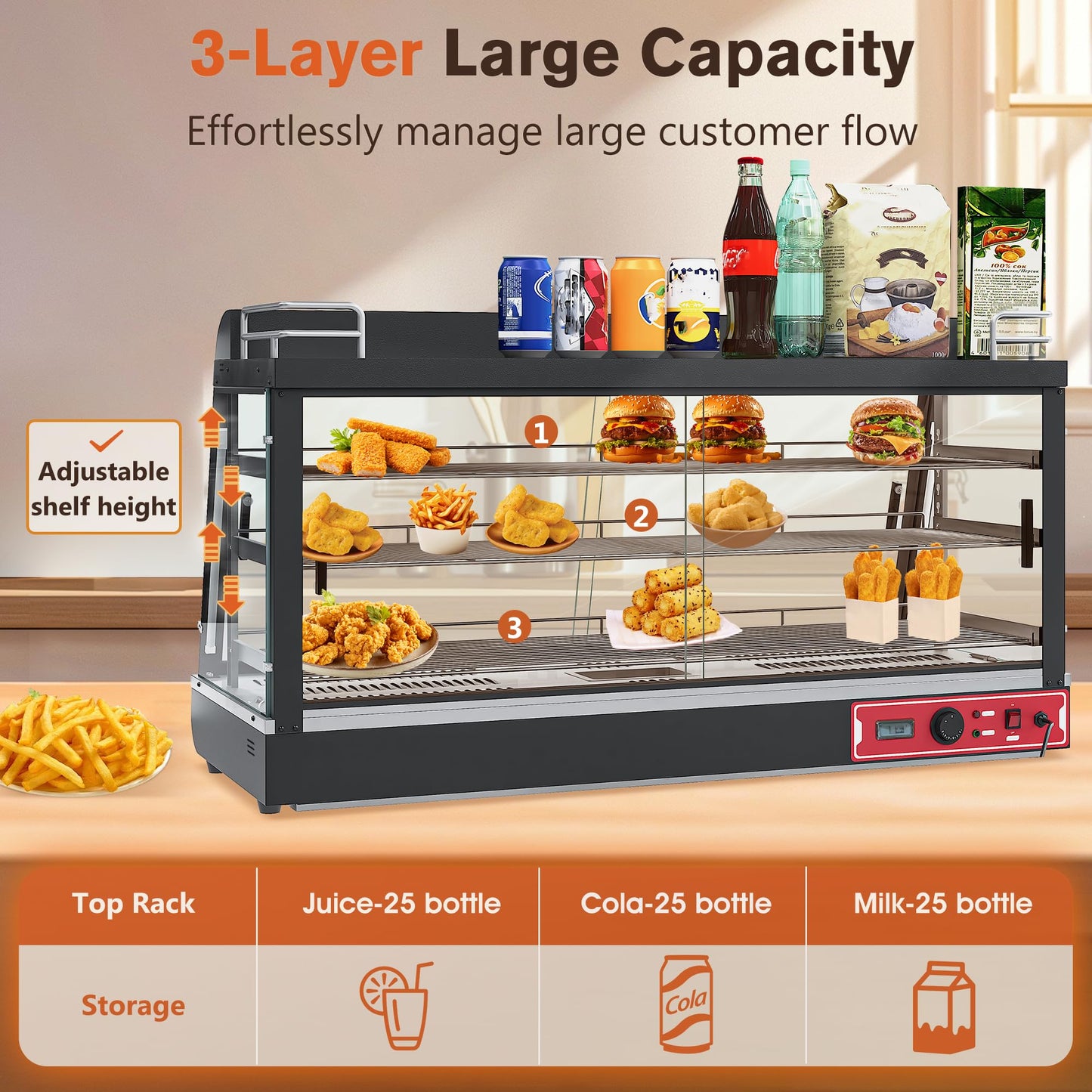 Whalefall Countertop Food Warmer with top Holder, 44 inch Commercial Food Warming Cabinet, tri-Color Lighting, w/Thermometer and Adjustable Thermostat for Cafeteria Kitchens Restaurants