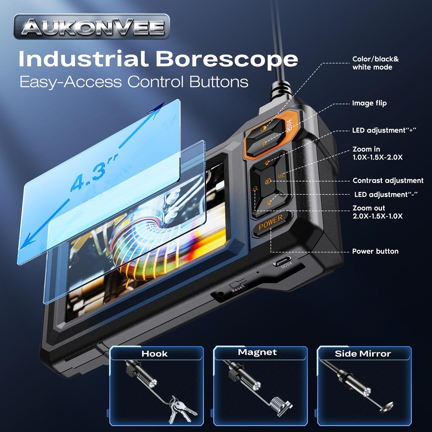 Endoscope Camera with Light, 1920P HD Borescope Inspection Camera with 4.3" IPS Screen, AukonVee IP67 Waterproof with 8 LEDs & 16.5ft Semi-Rigid Snake Camera for Automotive Pipe Tools Gadgets for Men