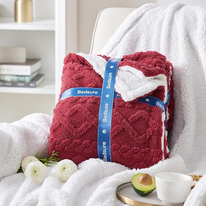 Bedsure Sherpa Queen Size Blanket for Bed - GentleSoft Fleece Fluffy & Cozy Cable Jacquard Tufted for Women Gift, Thick and Warm Blankets for Winter, Red, 90x90 Inches