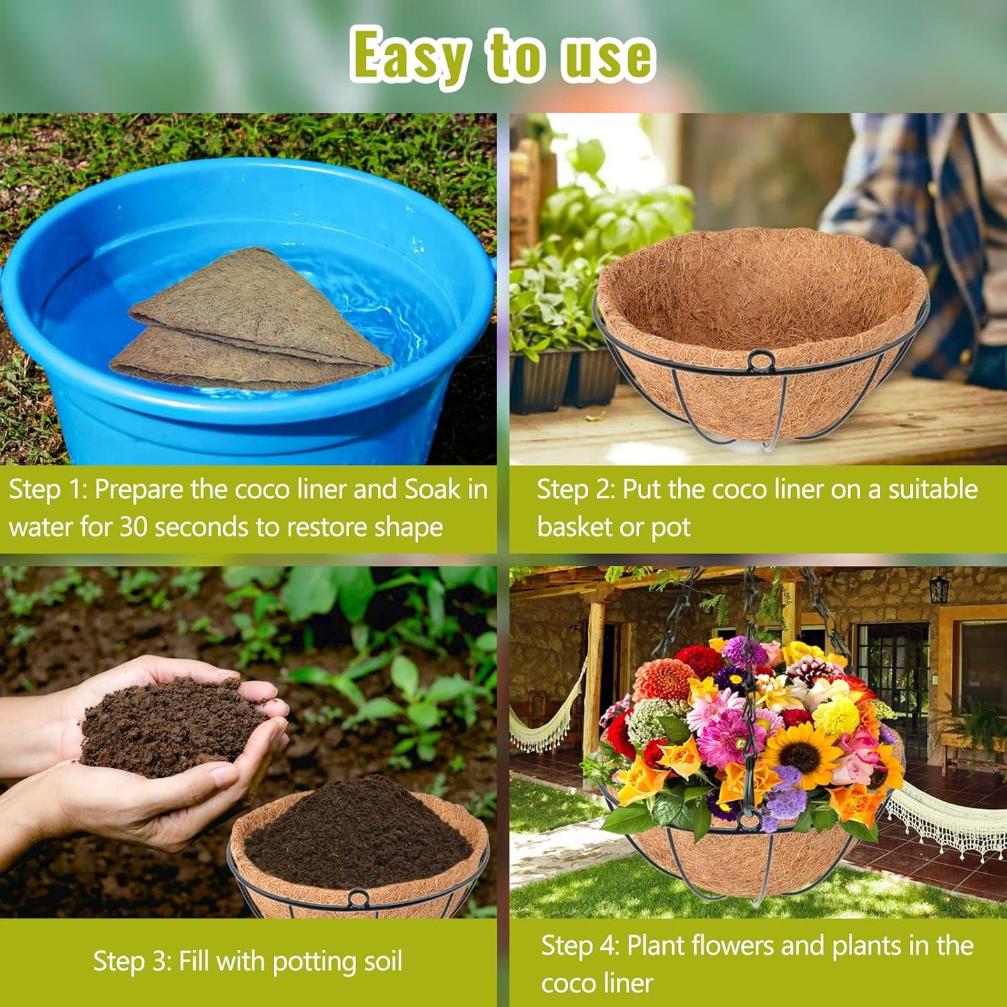 Legigo 3 Pack 14 Inch Hanging Basket Coco Liners Replacement, 100% Natural Round Coconut Coco Fiber Planter Basket Liners for Hanging Basket Flowers/Vegetables