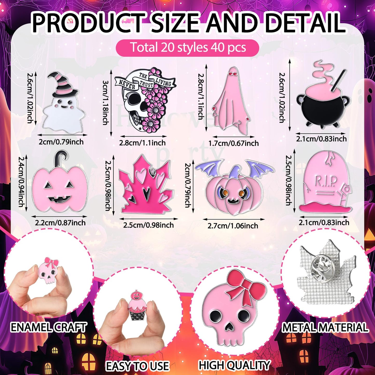 CraftyDream 40 Pcs Pink Halloween Enamel Pins Bulk for Backpacks Cute Skull Boo Bat Decorative Brooches Pink and Black Halloween Lapel Pins for Girly Clothes Bags Hat Accessories Gift