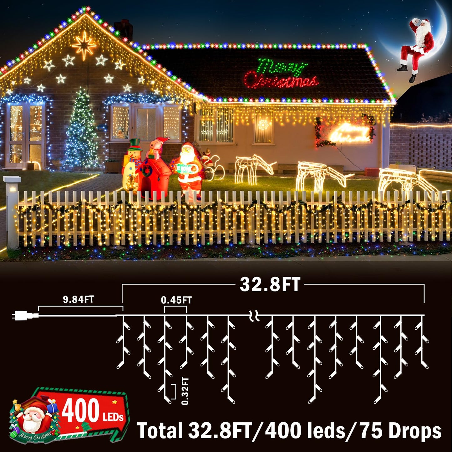 KNONEW Outdoor Color Changing LED Curtain Lights, 400 LED, 33ft, Warm White to Multicolor, 11 Modes, Clear Wire, Model BG-CL3M3-306L