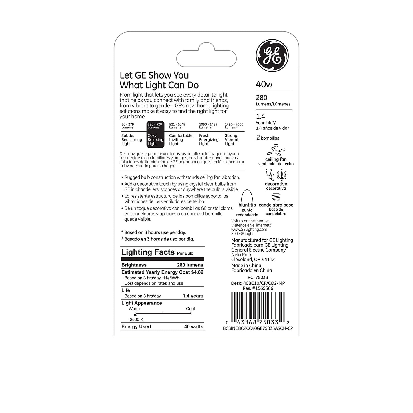 GE Crystal Clear Blunt Tip Decorative Light Bulbs (40 Watt), 280 Lumen, Candelabra Light Bulb Base, 2-Pack Chandelier Light Bulbs