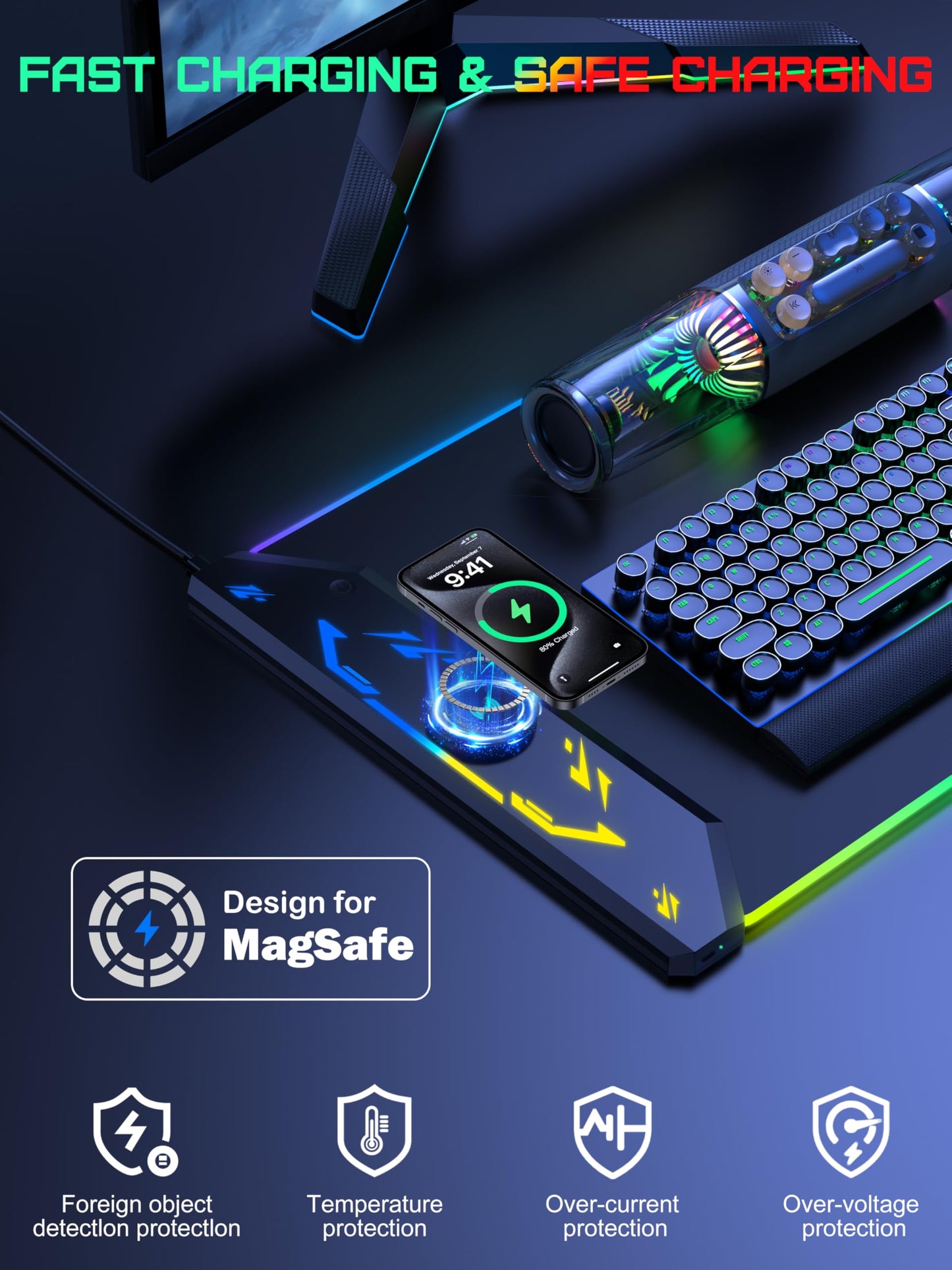 TopMade Wireless Charging Mouse Pad, RGB Gaming Mousepad, 35.4" x 15.8" Extra Large Waterproof Keyboard Desk Pad, Cool Computer Desk Mat, Black (Includes 20W PD Power Adapter & 6.56ft Woven Cable)
