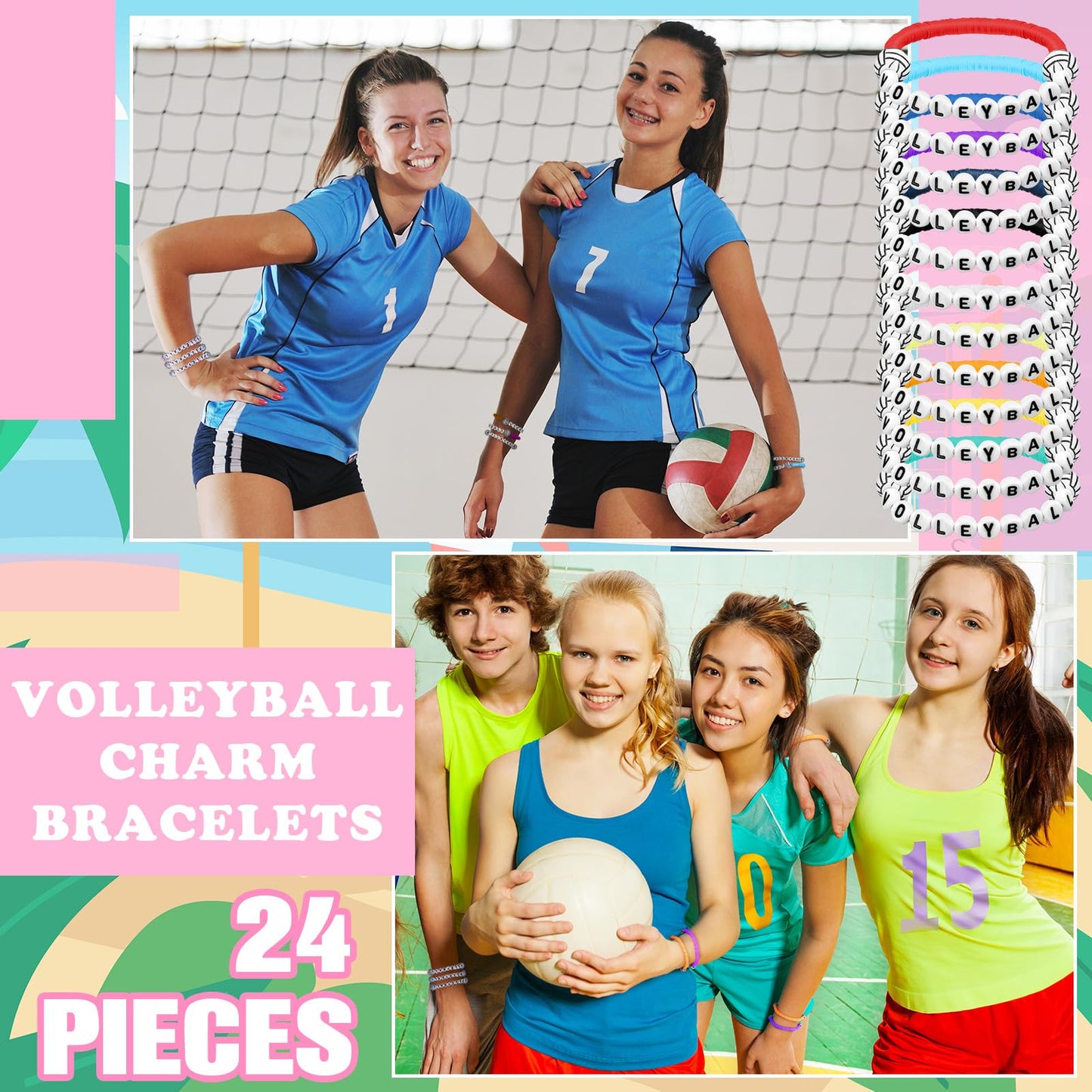 Trnayi 24 Pcs Volleyball Bracelets Volleyball Party Favors Charm Volleyball Bracelet Stackable Clay Beaded Bracelets for Volleyb