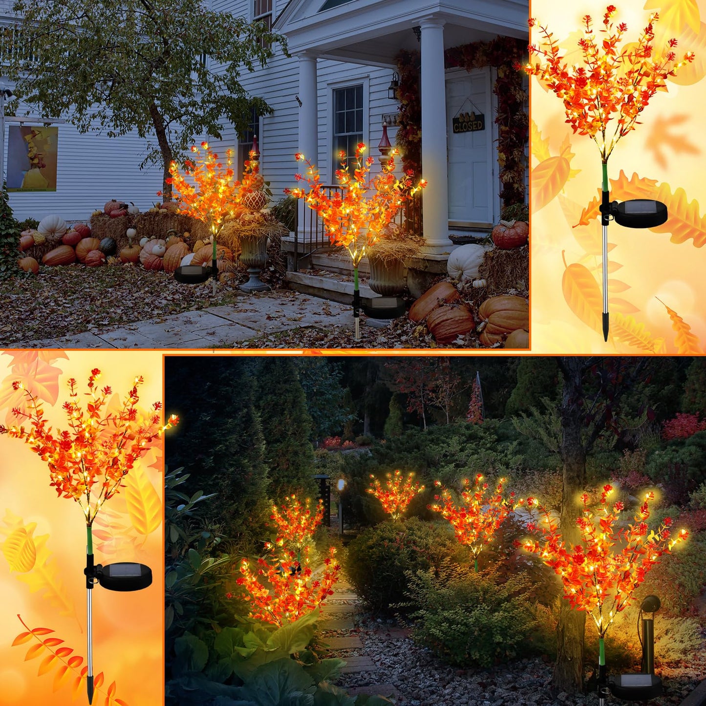 Glooglitter 2 Pack Fall Solar Stake Lights Thanksgiving Outdoor Decorations Waterproof Orange Mums Artificial Flowers Solar Lights For Outdoor Garden Yard Pathway Thanksgiving Fall Decor (Camellia)